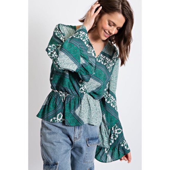Easel Tropical Green Printed Surplice Overlap Front Peplum Elastic Ruffle Top - Picture 1 of 9